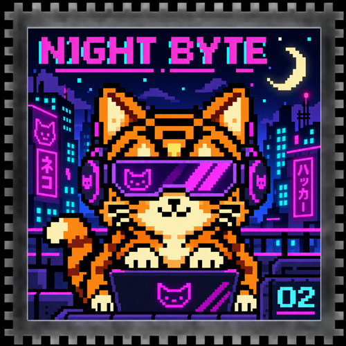 Night Byte stamp — StampCat in a neon cyber city