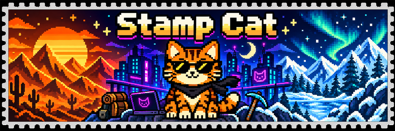 Stamp Cat panorama across desert, cyber city, and frozen peaks
